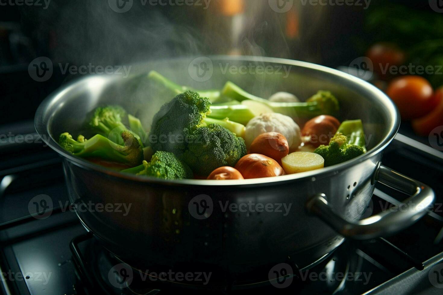 Vegetable stew in a pot on the fire, close-up. ai generated pro photo