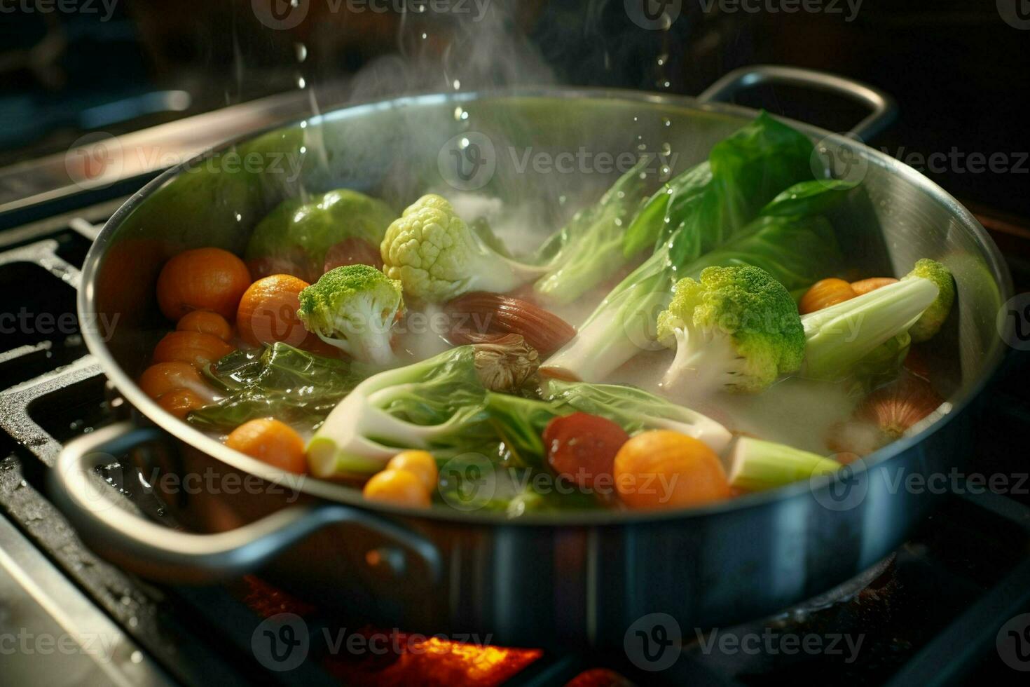 Vegetable stew in a pot on the fire, close-up. ai generated pro photo