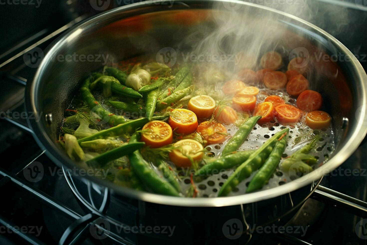 Vegetable stew in a pot on the fire, close-up. ai generated pro photo