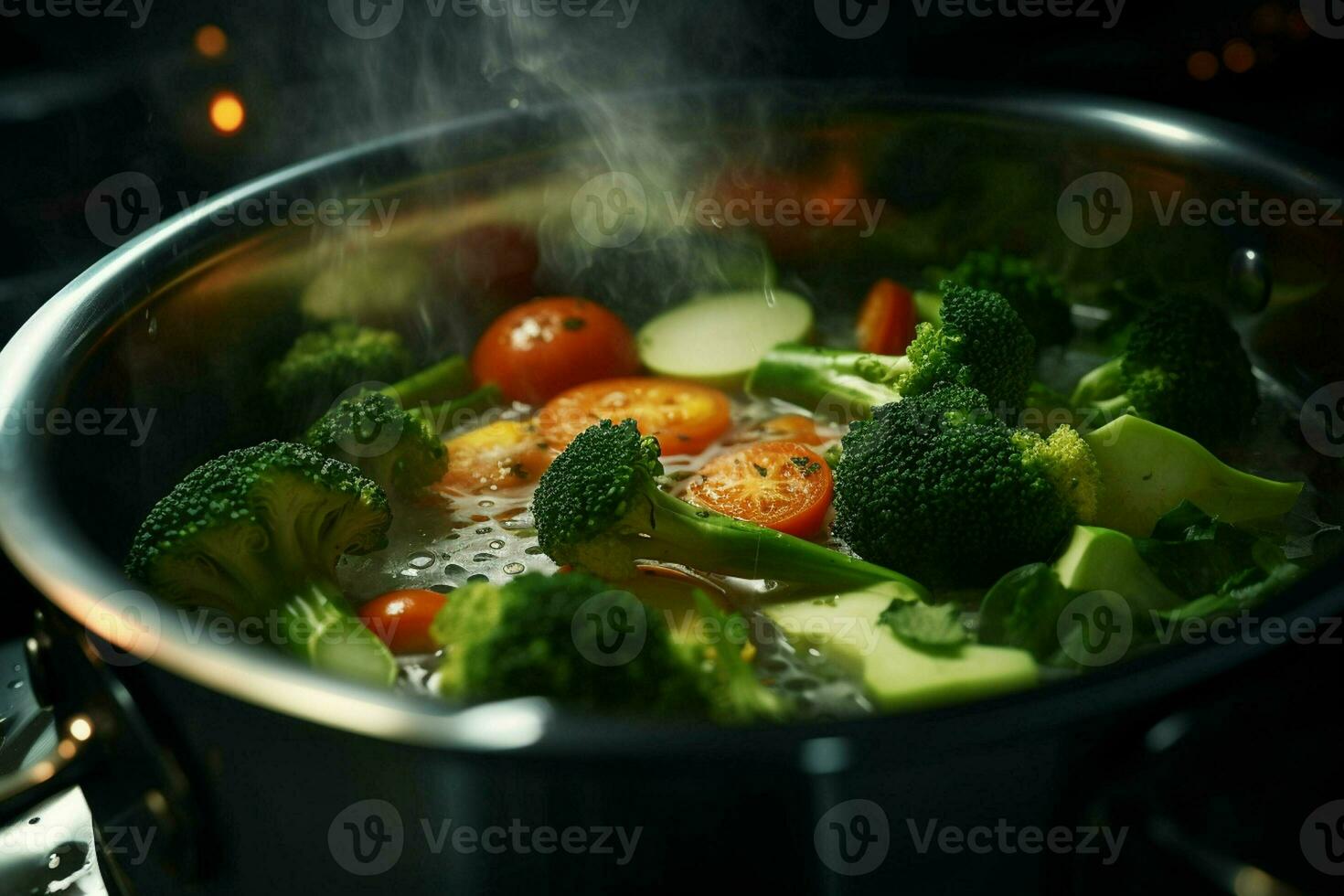 Vegetable stew in a pot on the fire, close-up. ai generated pro photo