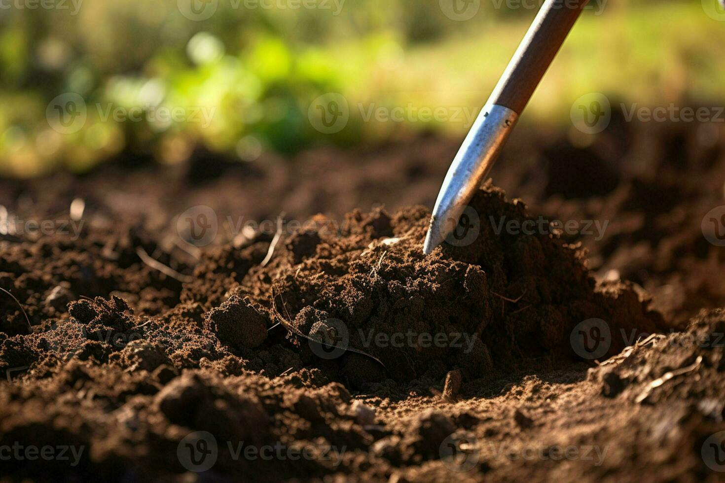 Gardening tools on fertile soil background. Gardening and agriculture concept. Ai generated pro photo