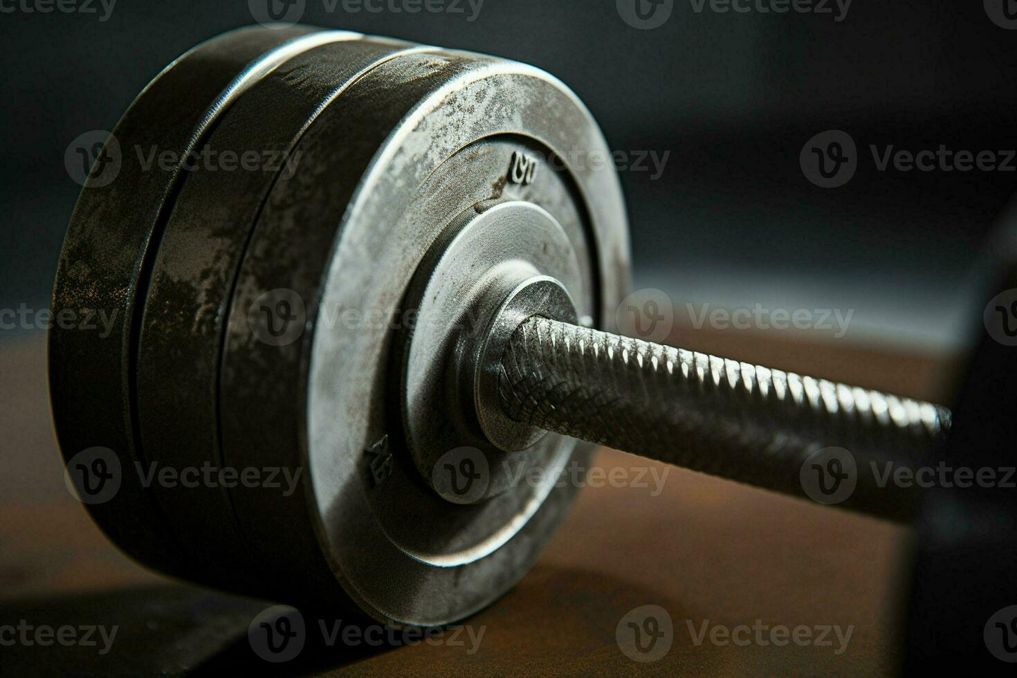 Dumbbells on a table in a gym. Selective focus. Toned. ai generated pro photo