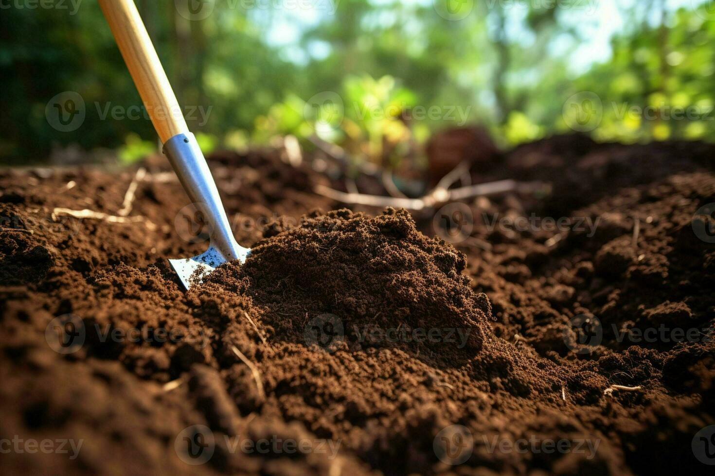 Gardening tools on fertile soil background. Gardening and agriculture concept. Ai generated pro photo