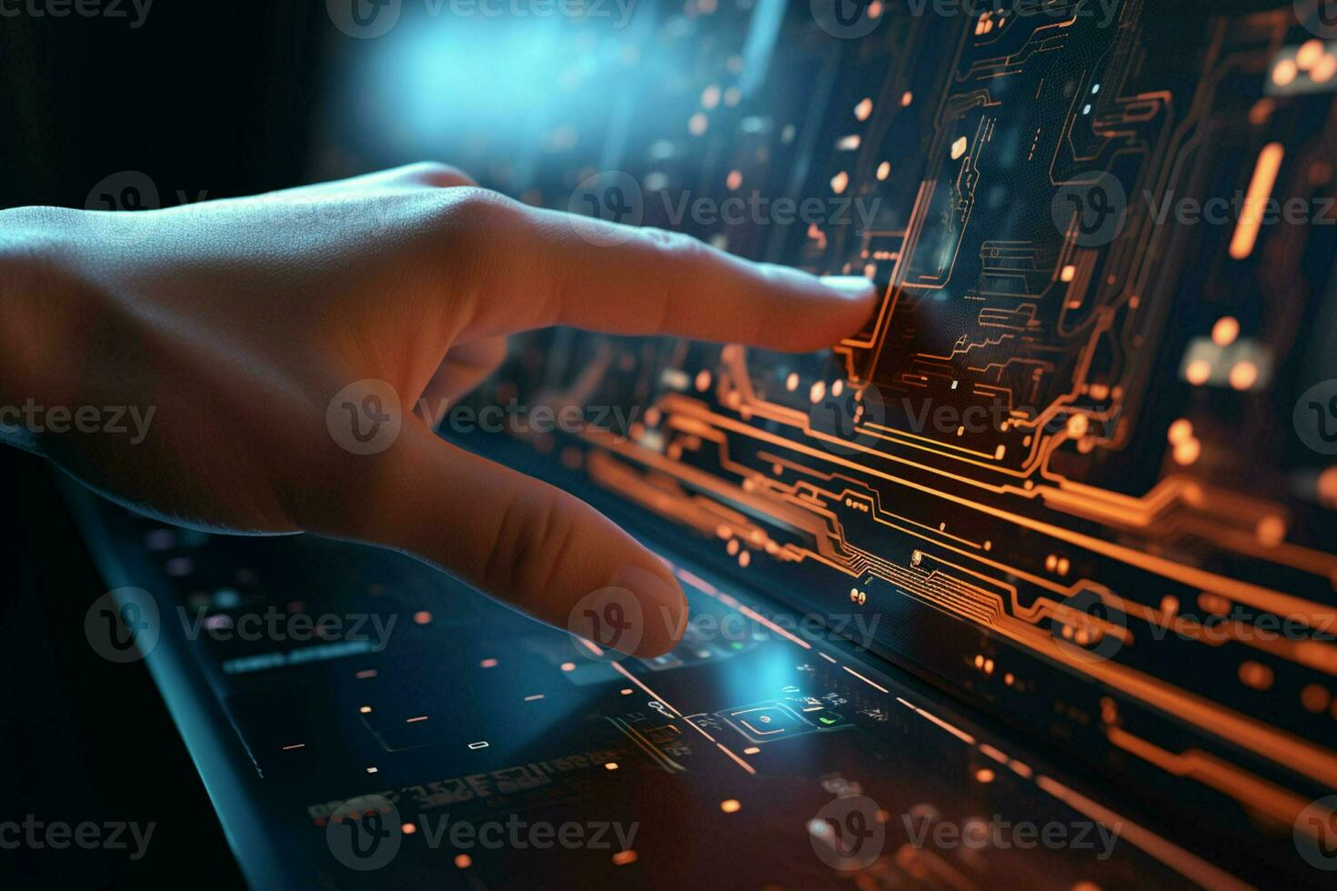 Close up of human hand touching virtual panel on dark background. Future technology concept. ai generated pro photo