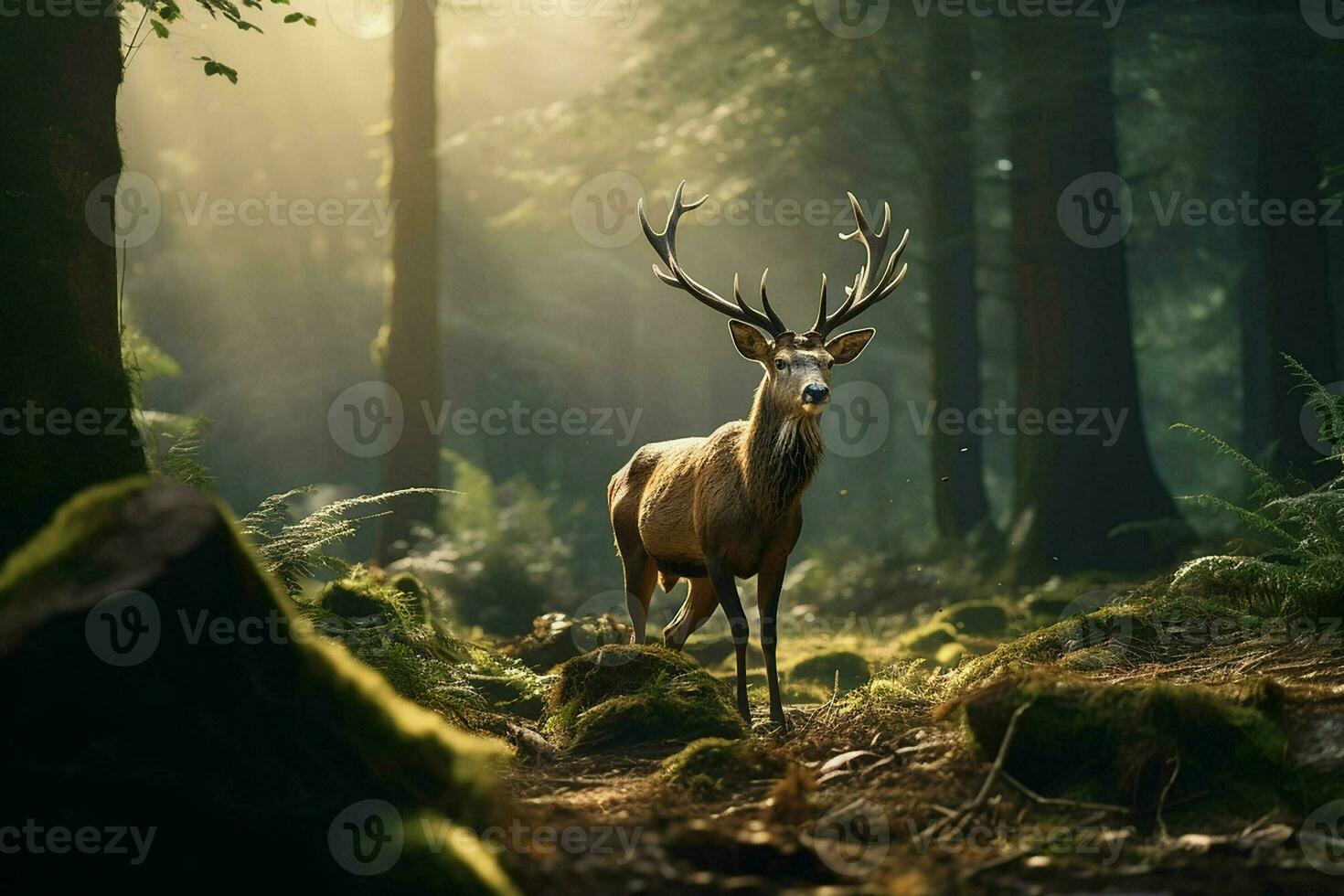 majestuoso rojo ciervo ciervo en el bosque. hermosa salvaje ciervo en el bosque. fauna silvestre escena desde naturaleza. ai generado Pro foto