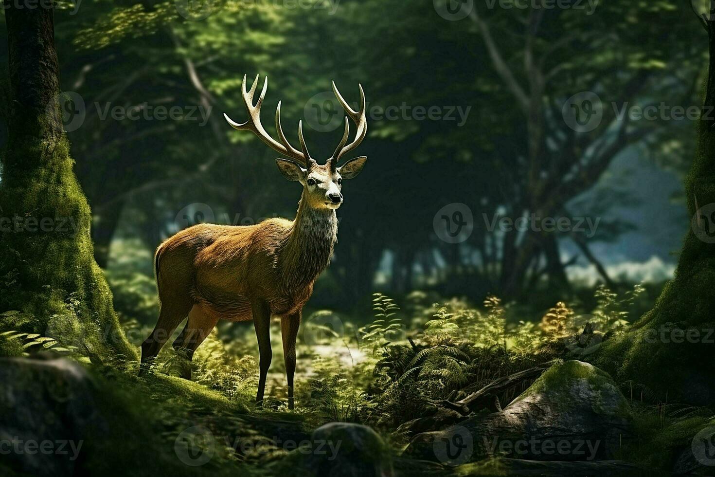 majestuoso rojo ciervo ciervo en el bosque. hermosa salvaje ciervo en el bosque. fauna silvestre escena desde naturaleza. ai generado Pro foto