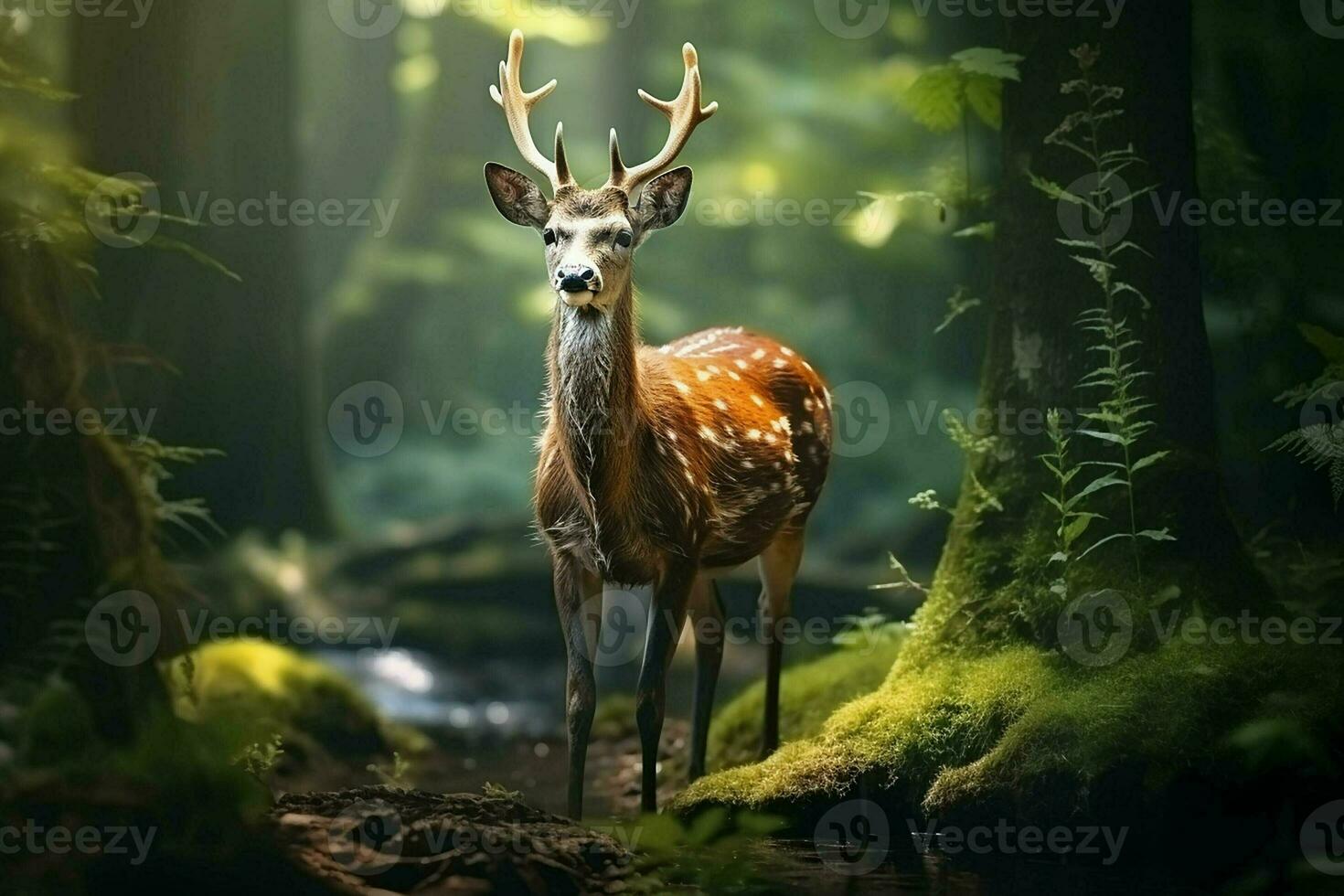 majestuoso rojo ciervo ciervo en el bosque. hermosa salvaje ciervo en el bosque. fauna silvestre escena desde naturaleza. ai generado Pro foto