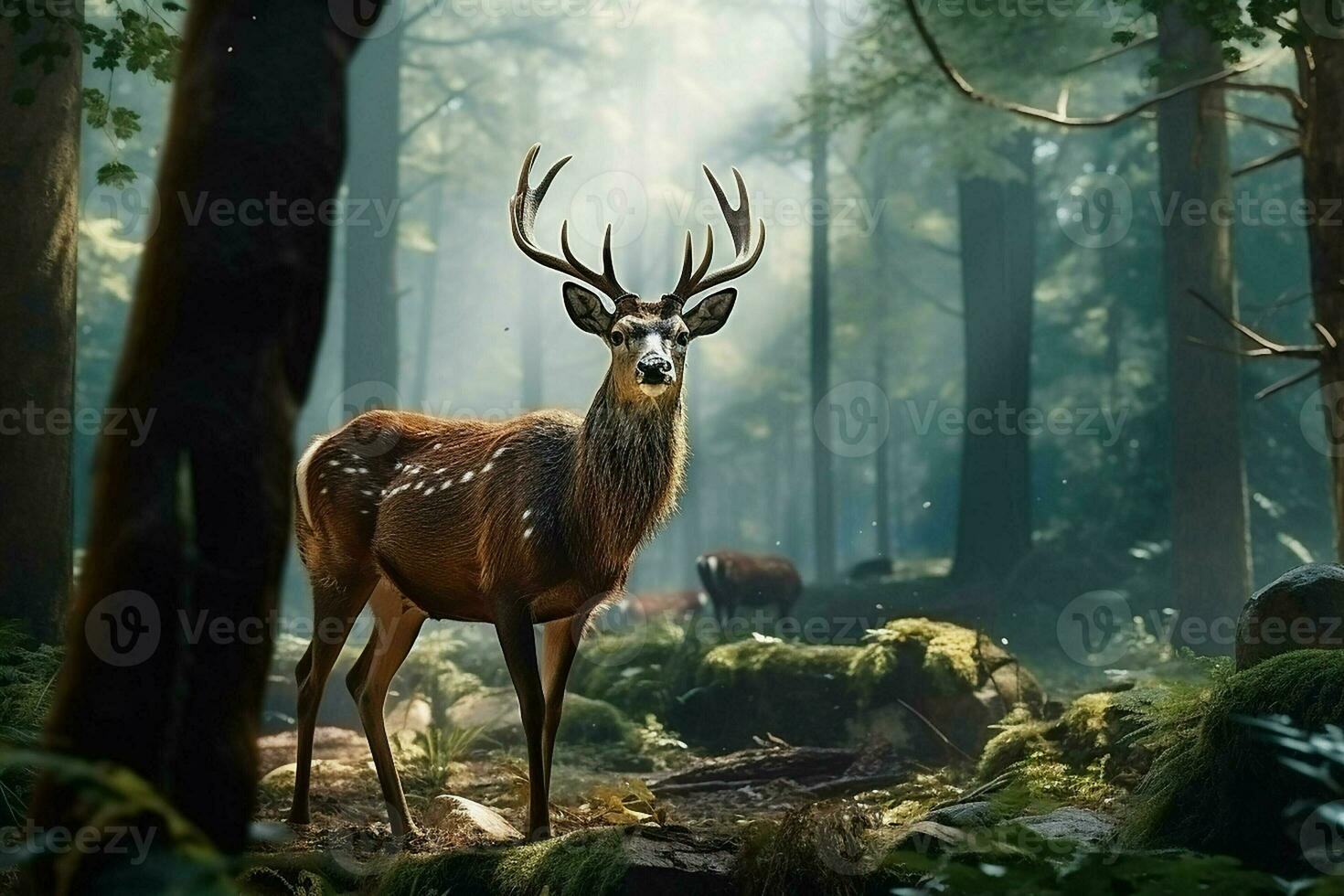 majestuoso rojo ciervo ciervo en el bosque. hermosa salvaje ciervo en el bosque. fauna silvestre escena desde naturaleza. ai generado Pro foto