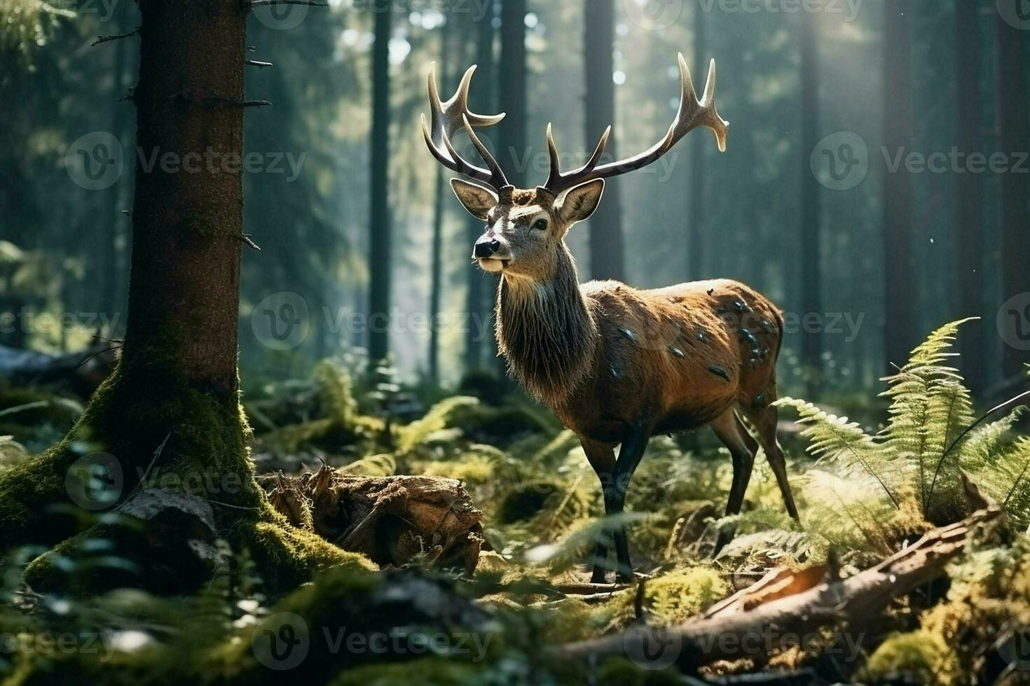 Majestic red deer stag in the forest. Beautiful wild deer in the forest. Wildlife scene from nature. ai generated pro photo