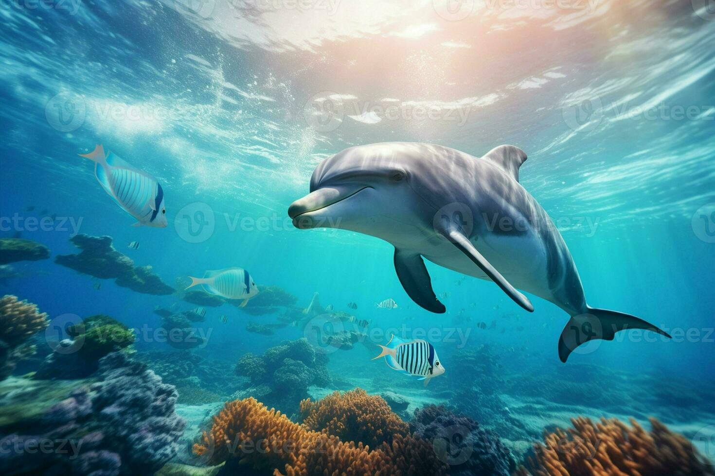 Dolphin swimming in the ocean. 3d rendering. Underwater world. ai generated pro photo