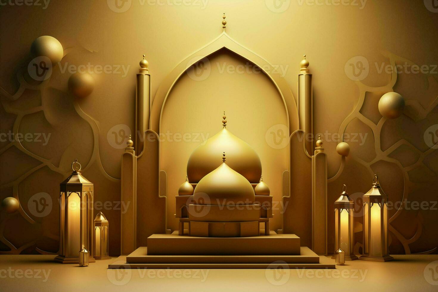3d illustration of Eid Mubarak background with mosque and golden lanterns. ai generated pro photo
