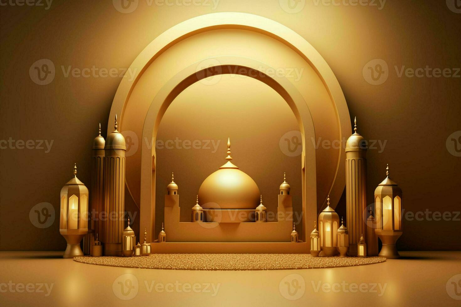 3d illustration of Eid Mubarak background with mosque and golden lanterns. ai generated pro photo
