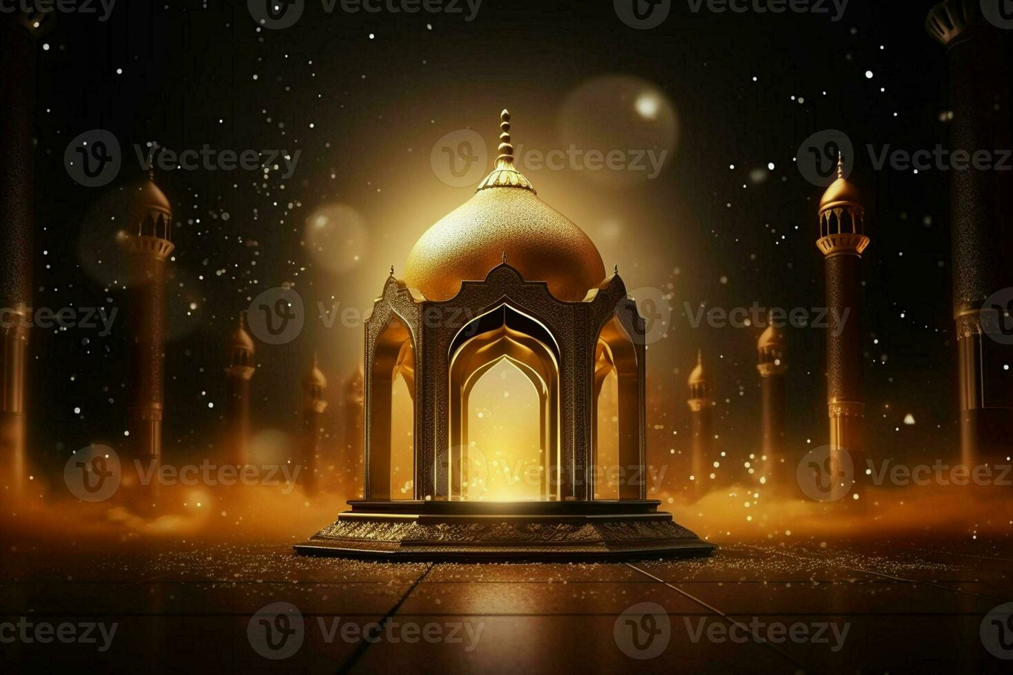 3d illustration of Eid Mubarak background with mosque and golden lanterns. ai generated pro photo