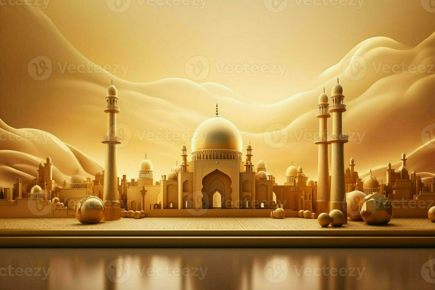 3d illustration of Eid Mubarak background with mosque and golden lanterns. ai generated pro photo