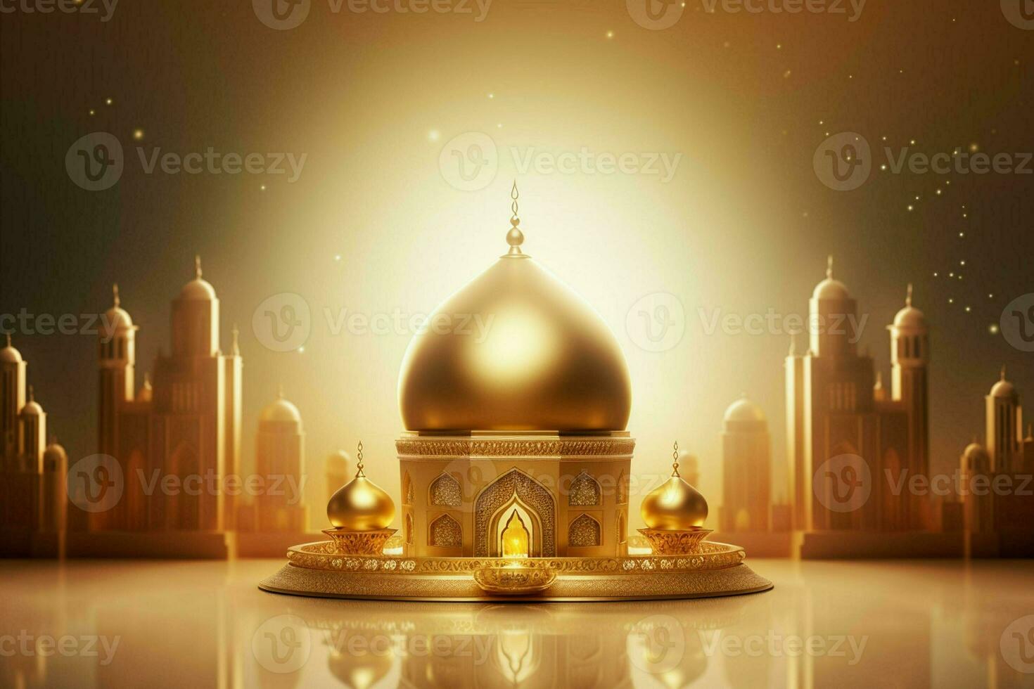 3d illustration of Eid Mubarak background with mosque and golden lanterns. ai generated pro photo