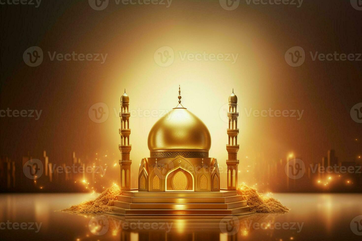 3d illustration of Eid Mubarak background with mosque and golden lanterns. ai generated pro photo