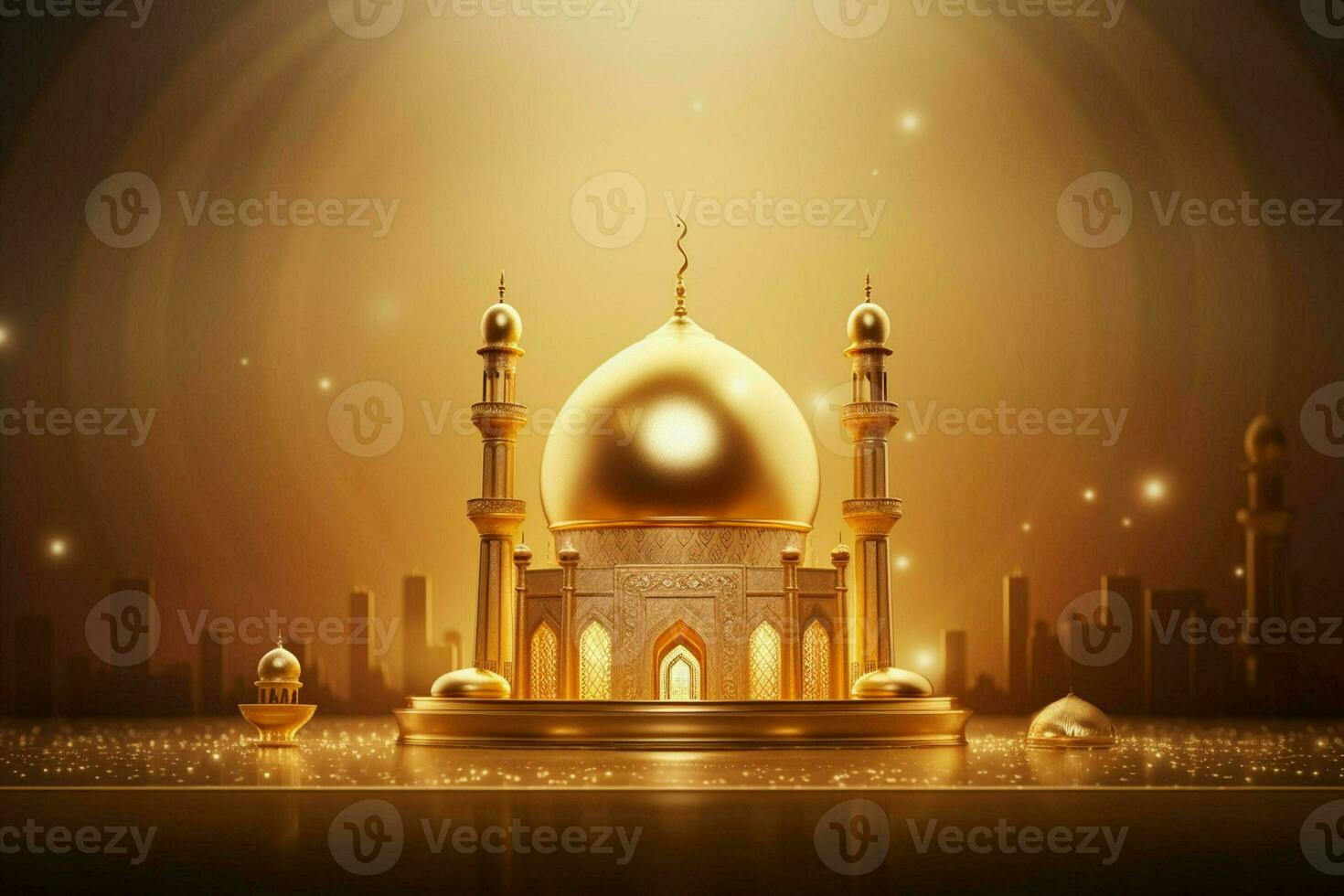 3d illustration of Eid Mubarak background with mosque and golden lanterns. ai generated pro photo