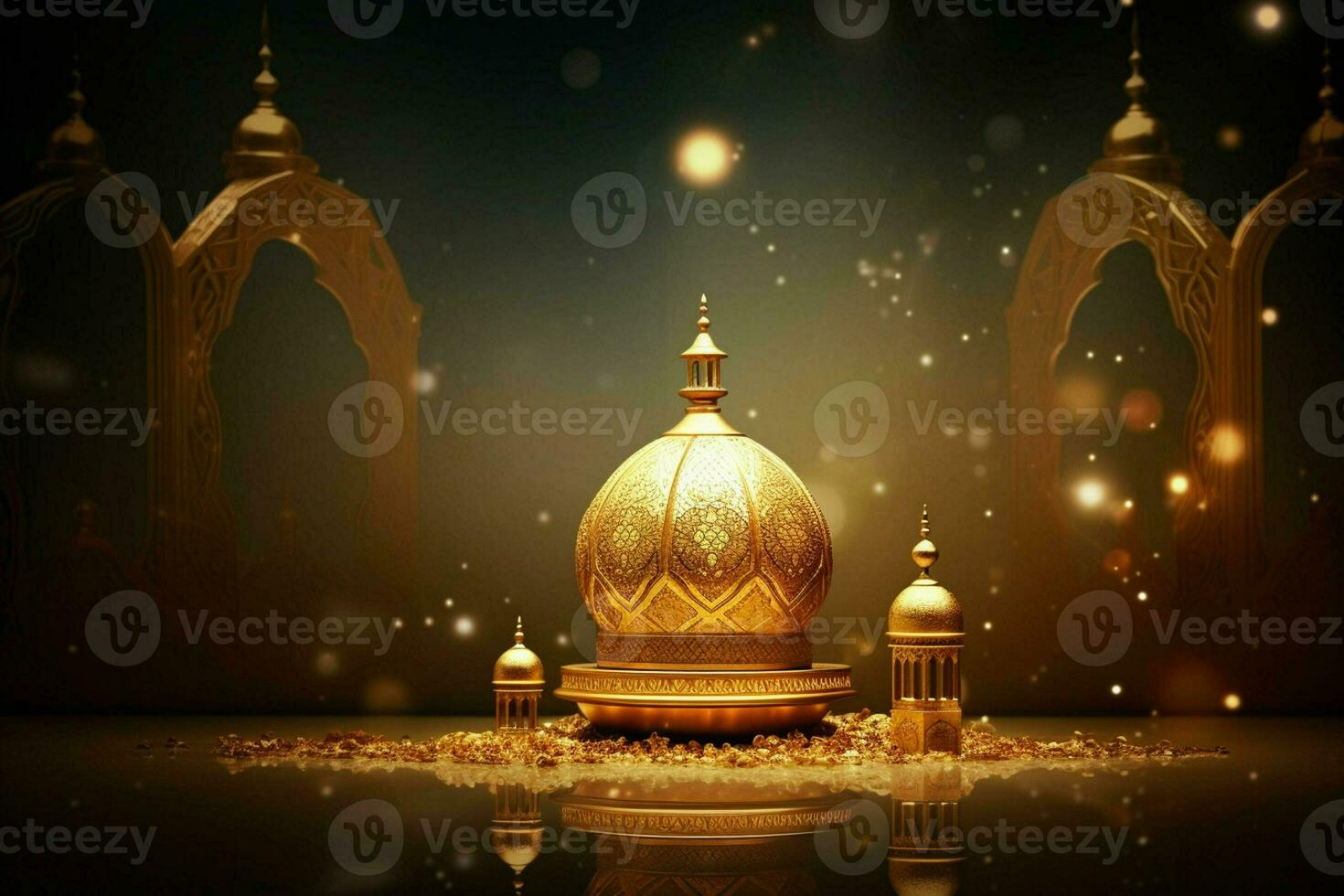 3d illustration of Eid Mubarak background with mosque and golden lanterns. ai generated pro photo