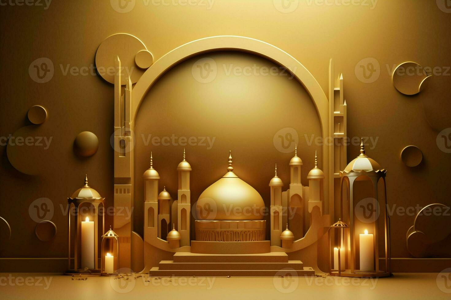 3d illustration of Eid Mubarak background with mosque and golden lanterns. ai generated pro photo