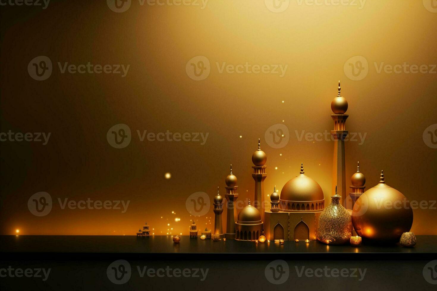 3d illustration of Eid Mubarak background with mosque and golden lanterns. ai generated pro photo