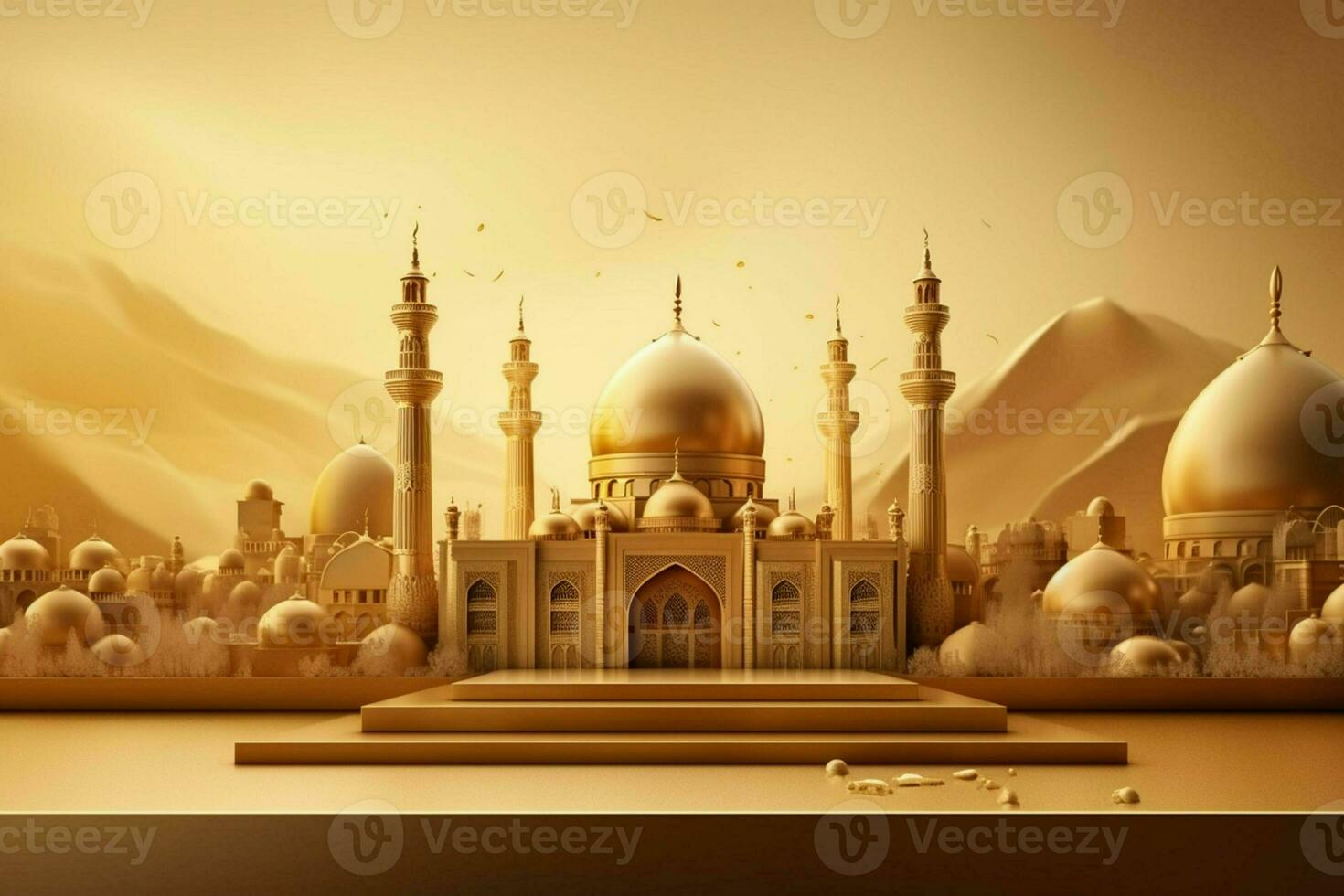 3d illustration of Eid Mubarak background with mosque and golden lanterns. ai generated pro photo