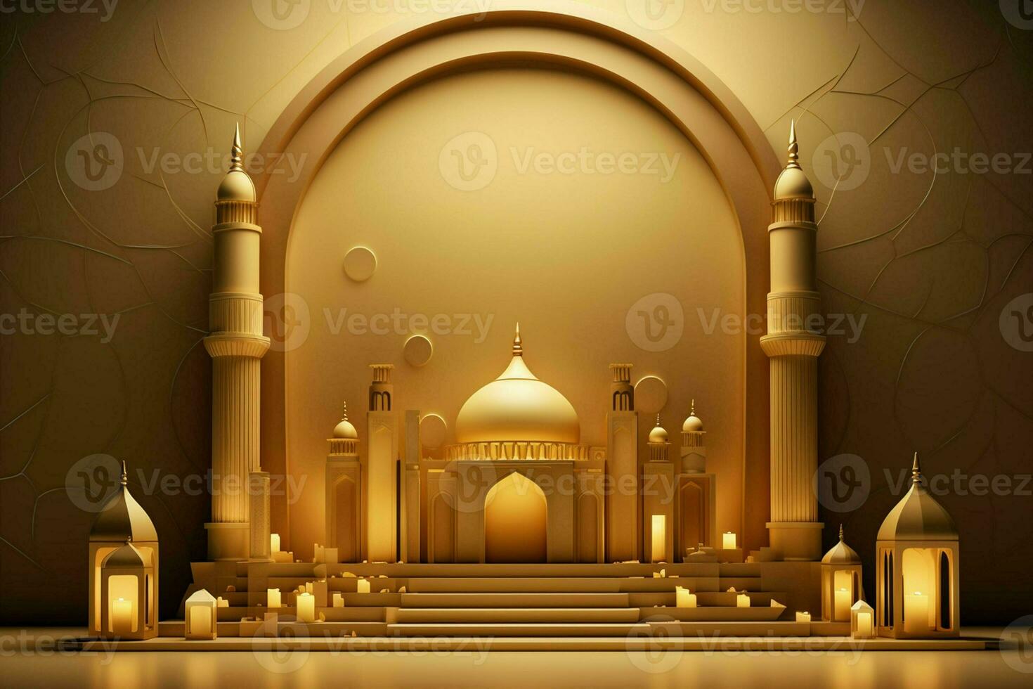 3d illustration of Eid Mubarak background with mosque and golden lanterns. ai generated pro photo