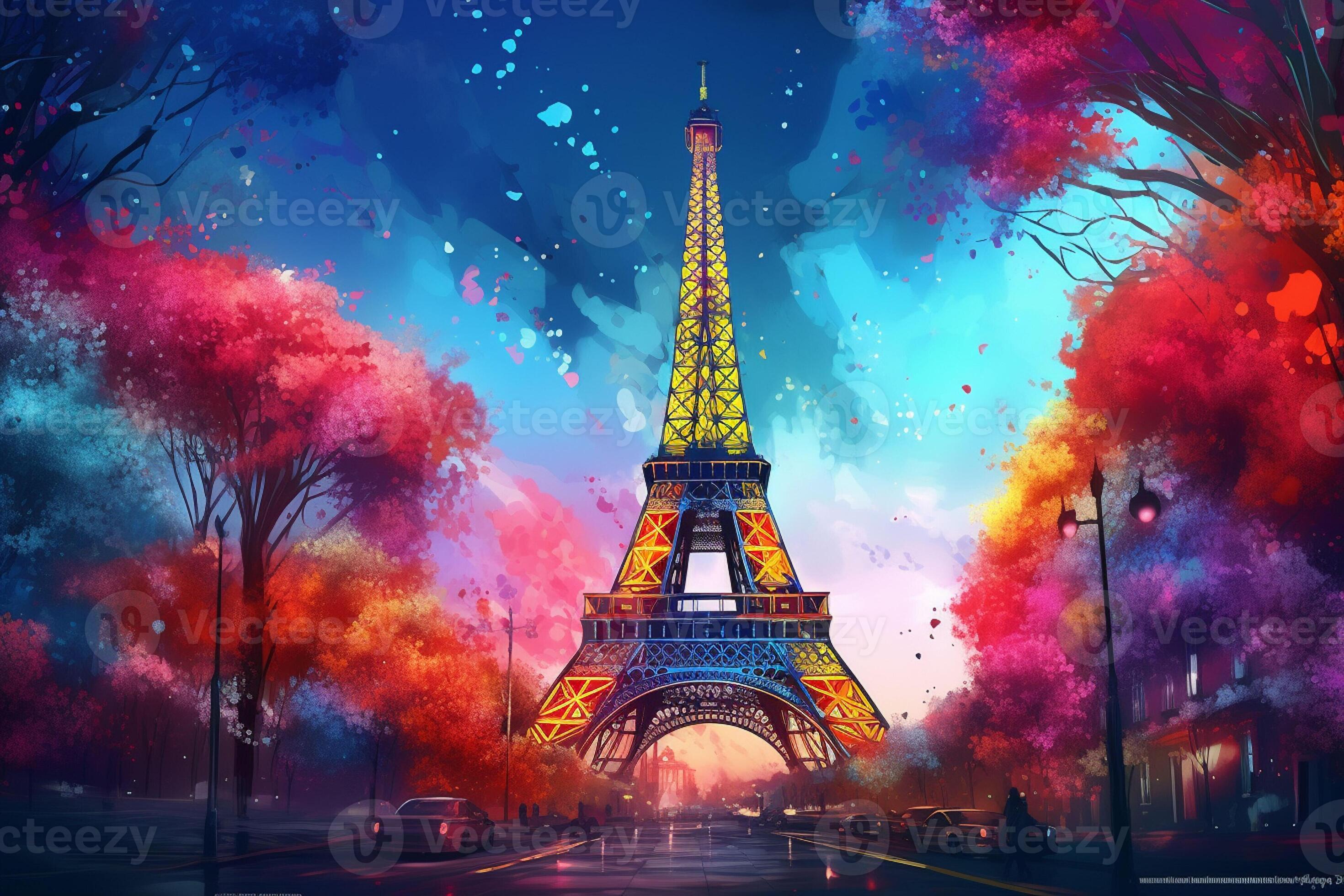 Eiffel tower in neon style on the background of the night sky, Eiffel