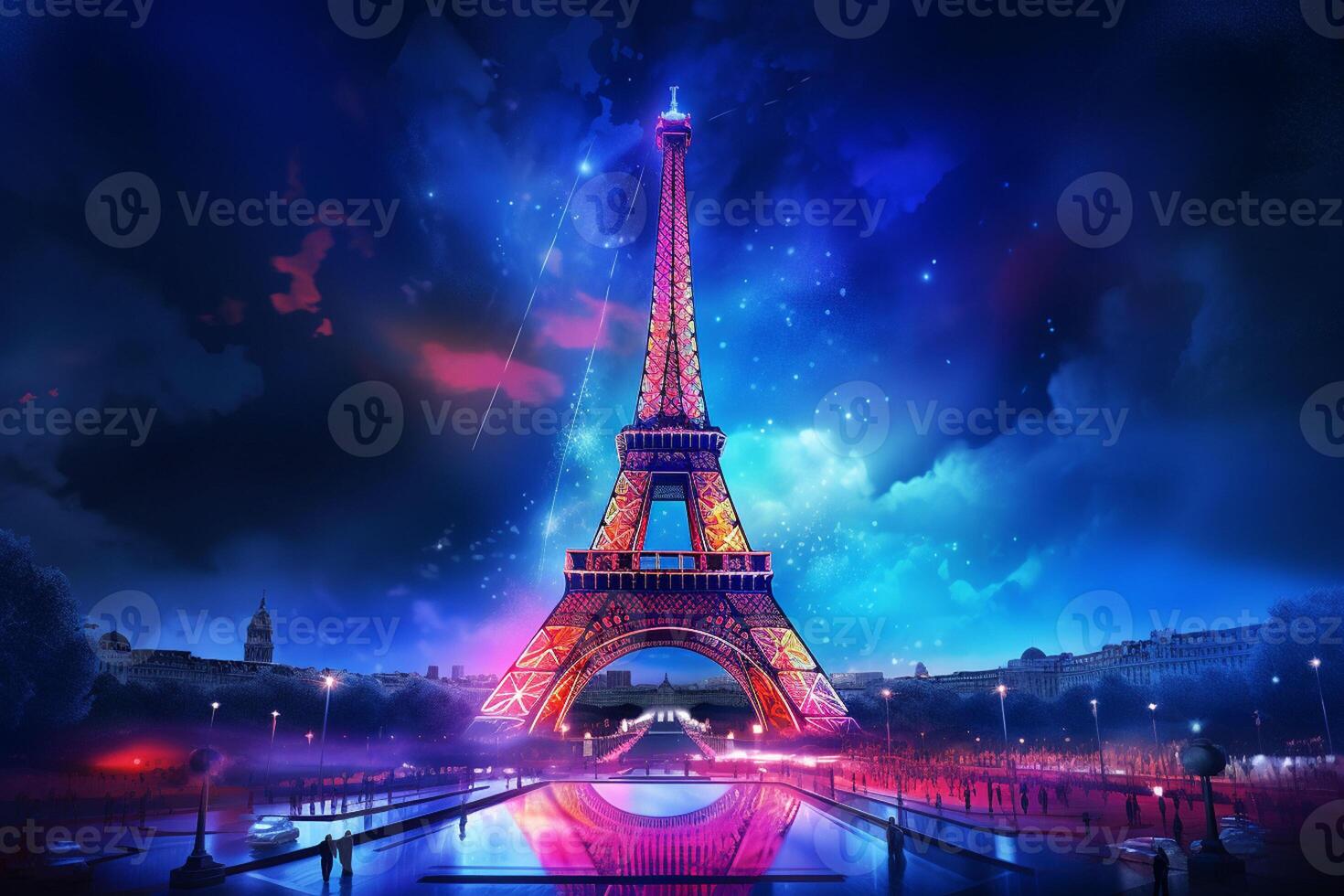 Eiffel tower in neon style on the background of the night sky, Eiffel Tower at night in Paris, France. ai generated pro photo