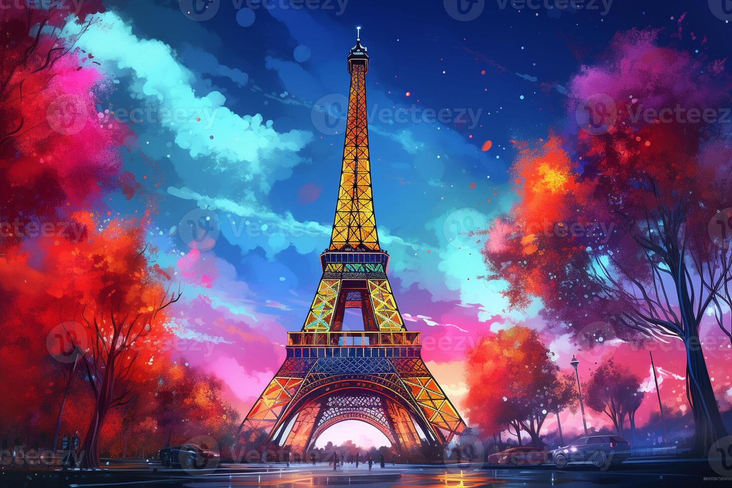 Eiffel tower in neon style on the background of the night sky, Eiffel Tower at night in Paris, France. ai generated pro photo