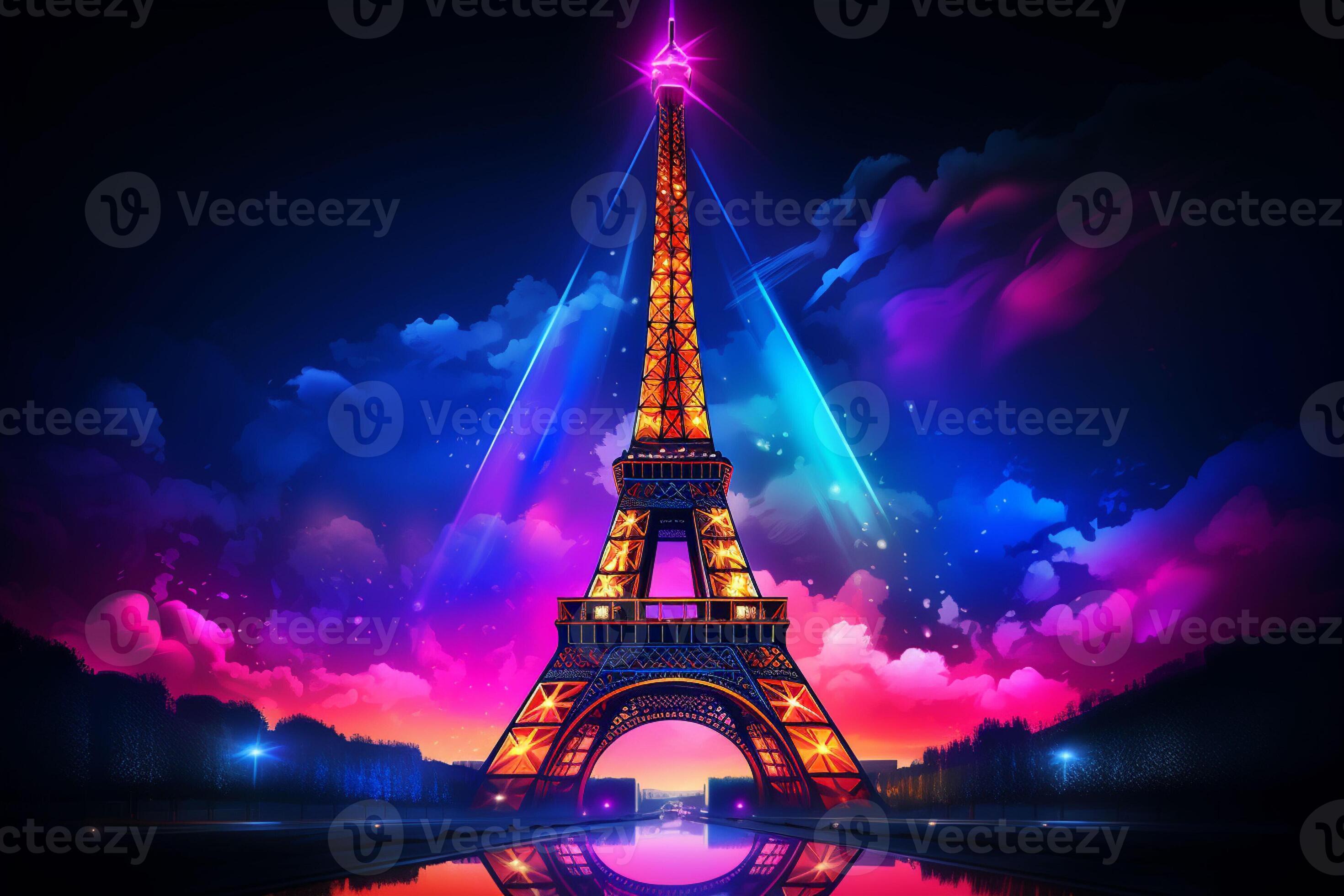 Eiffel tower in neon style on the background of the night sky, Eiffel