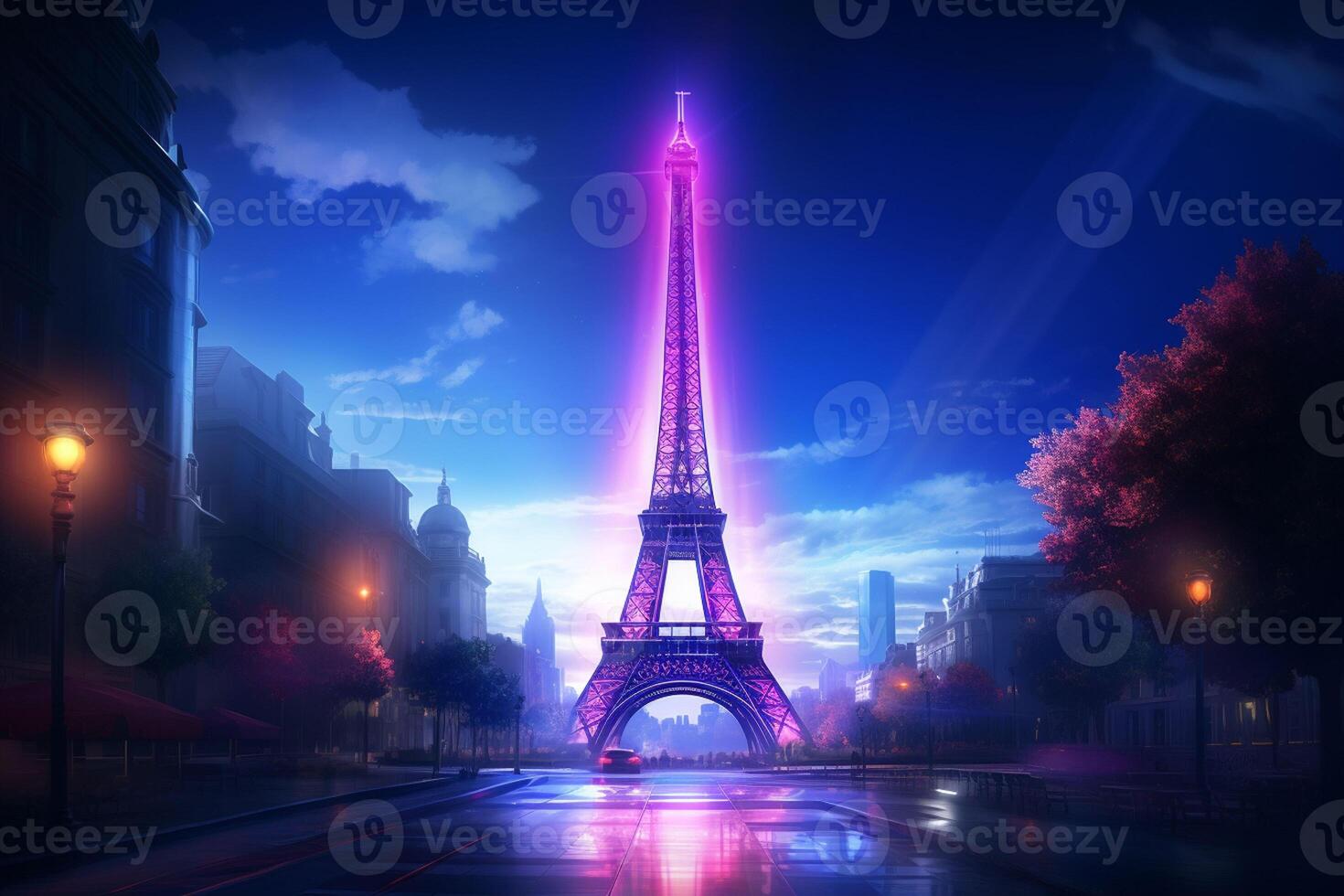 Eiffel tower in neon style on the background of the night sky, Eiffel Tower at night in Paris, France. ai generated pro photo