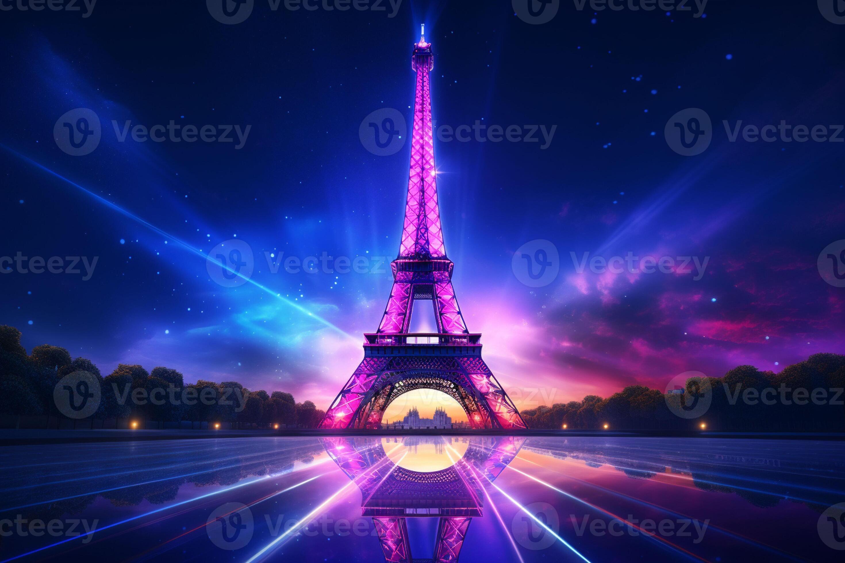 Eiffel tower in neon style on the background of the night sky, Eiffel