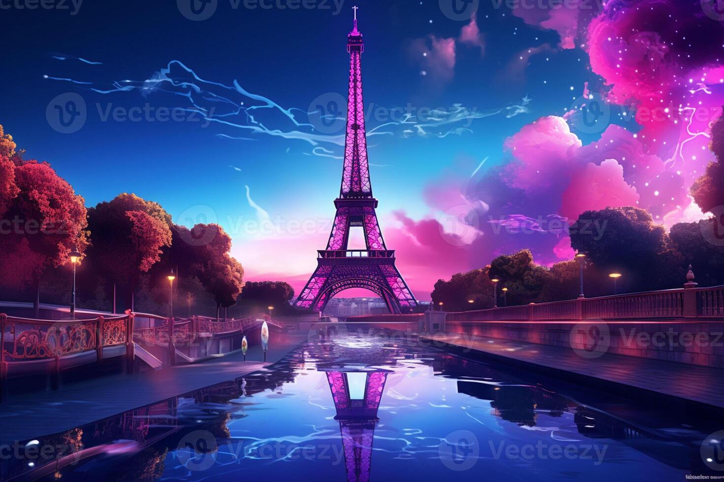 Eiffel tower in neon style on the background of the night sky, Eiffel Tower at night in Paris, France. ai generated pro photo