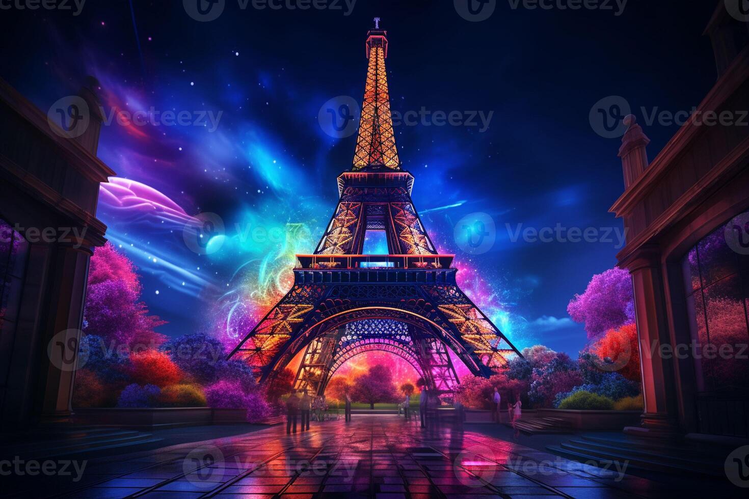 Eiffel tower in neon style on the background of the night sky, Eiffel Tower at night in Paris, France. ai generated pro photo