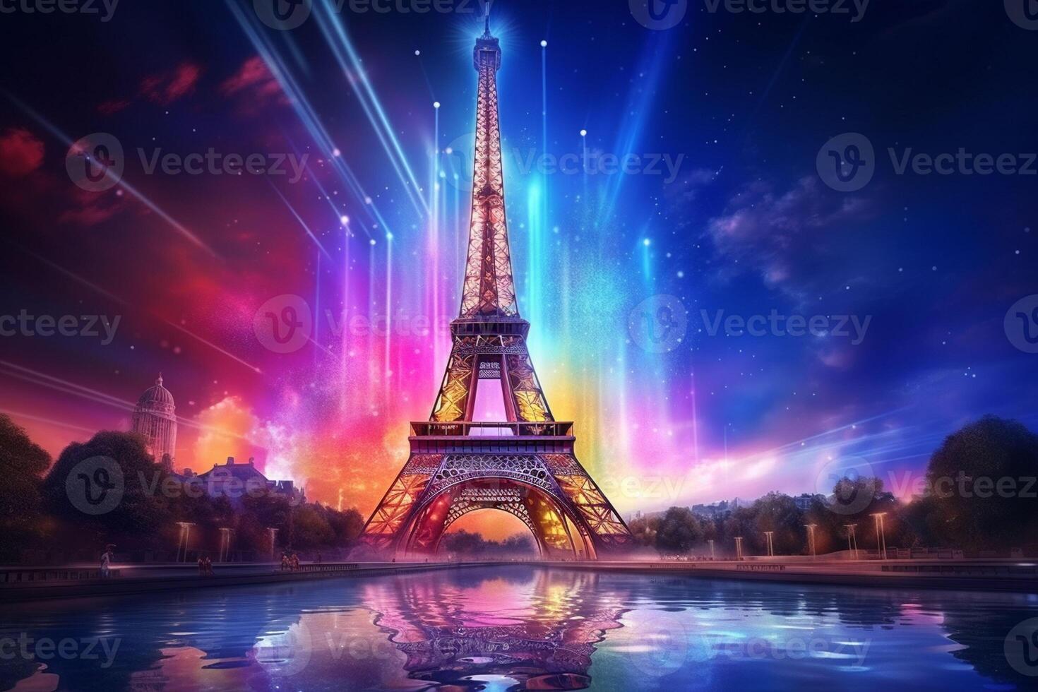 Eiffel tower in neon style on the background of the night sky, Eiffel Tower at night in Paris, France. ai generated pro photo