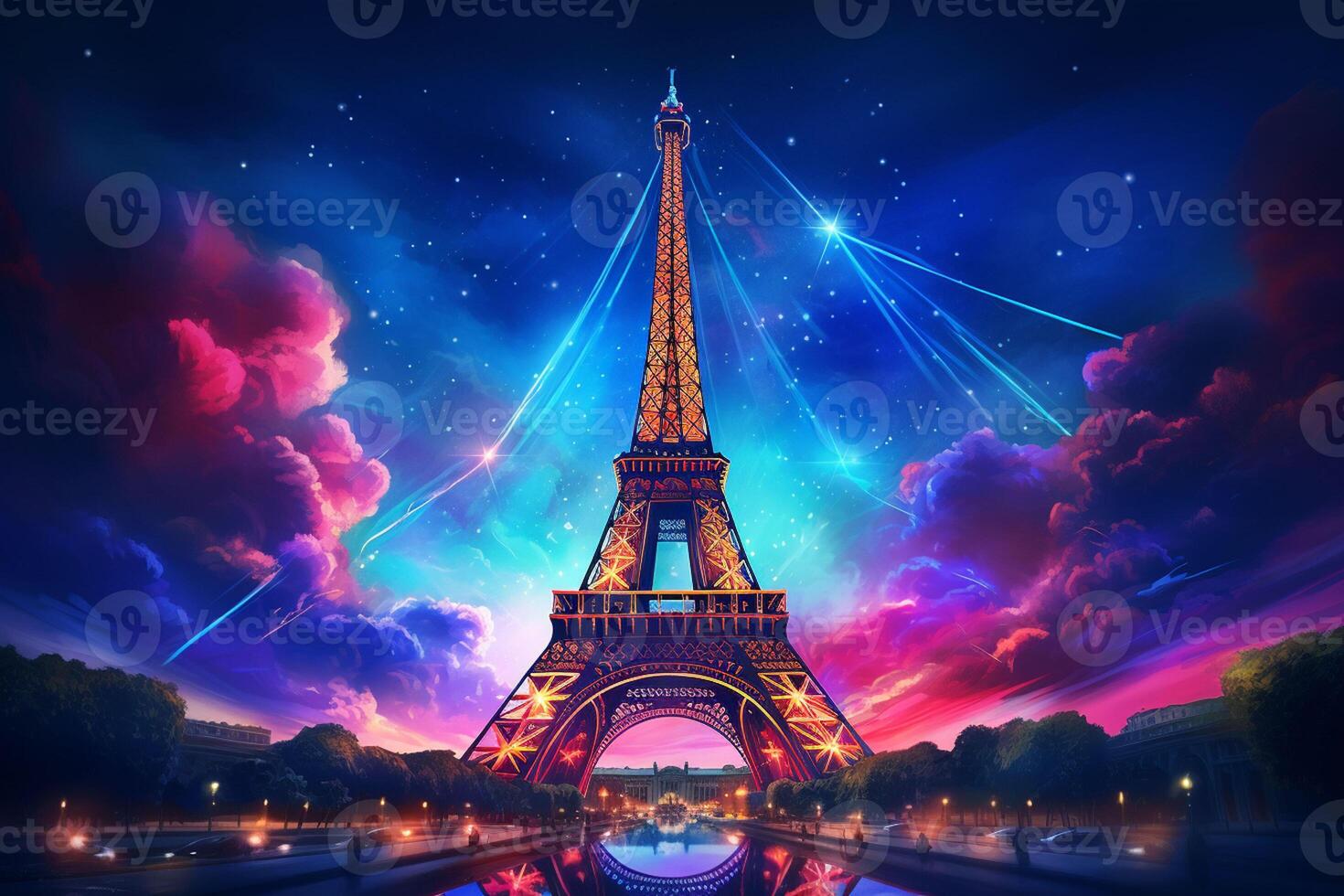 Eiffel tower in neon style on the background of the night sky, Eiffel Tower at night in Paris, France. ai generated pro photo