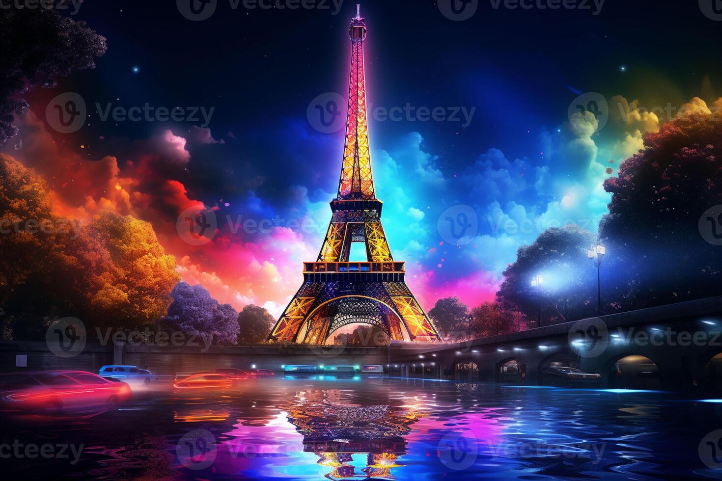 Eiffel tower in neon style on the background of the night sky, Eiffel Tower at night in Paris, France. ai generated pro photo