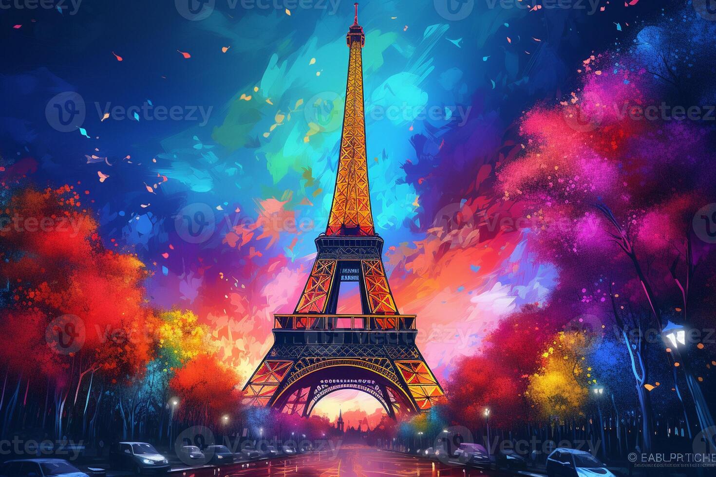 Eiffel tower in neon style on the background of the night sky, Eiffel Tower at night in Paris, France. ai generated pro photo