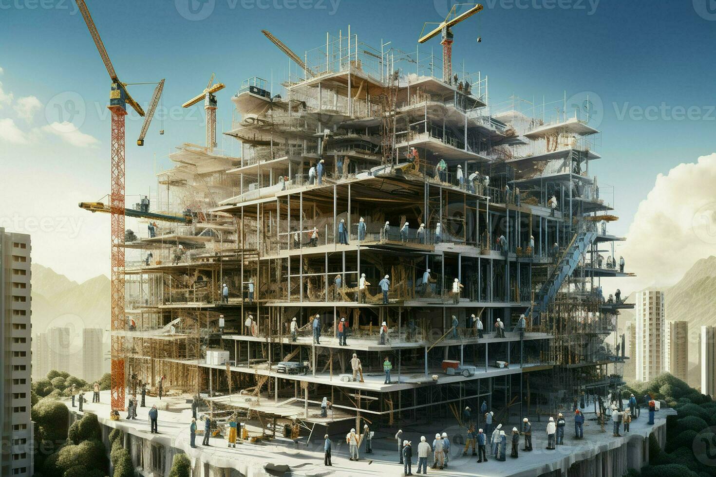 Construction site with scaffolding and workers. building concept. ai generated pro photo