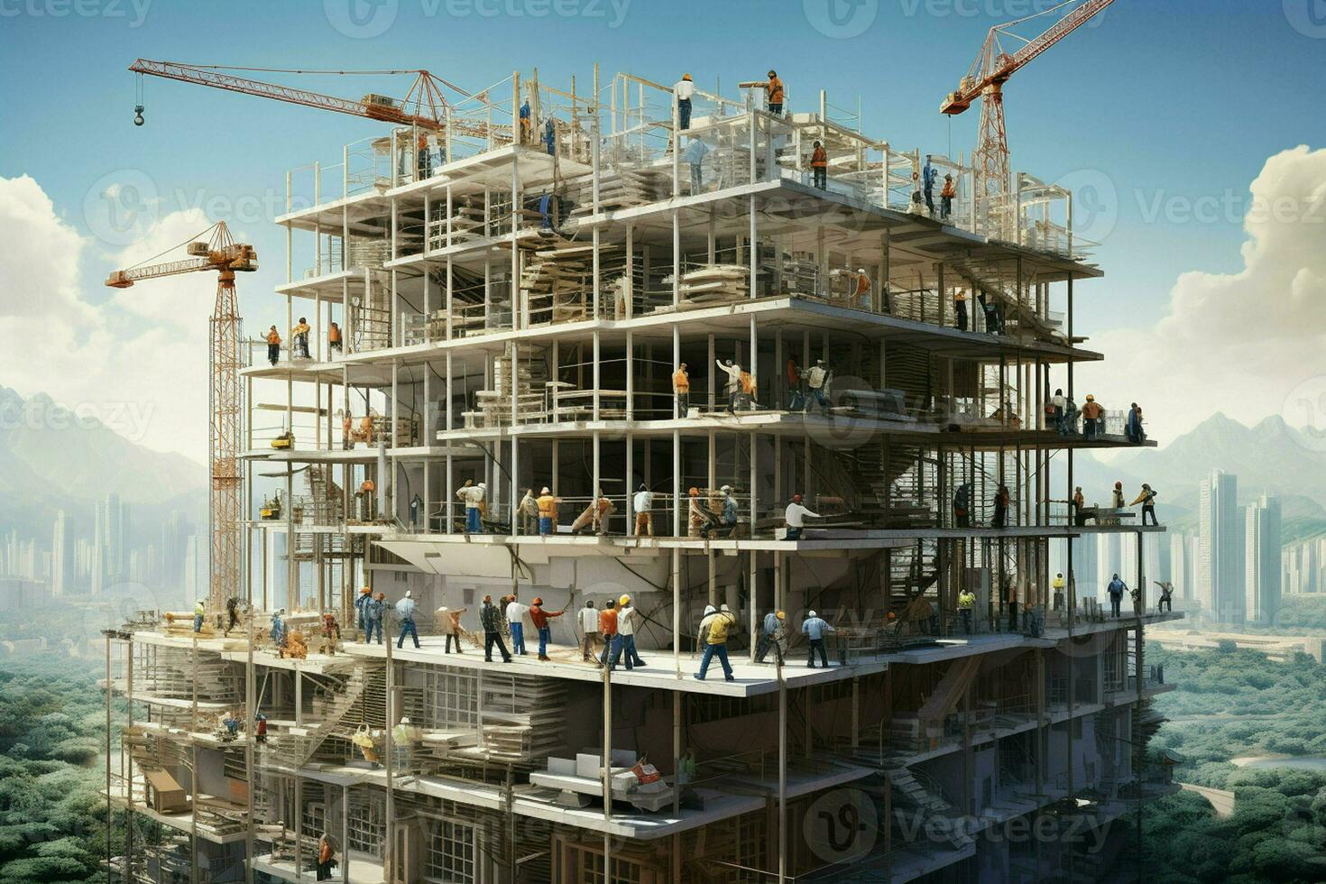 construcción sitio con andamio y trabajadores edificio concepto. ai generado Pro foto