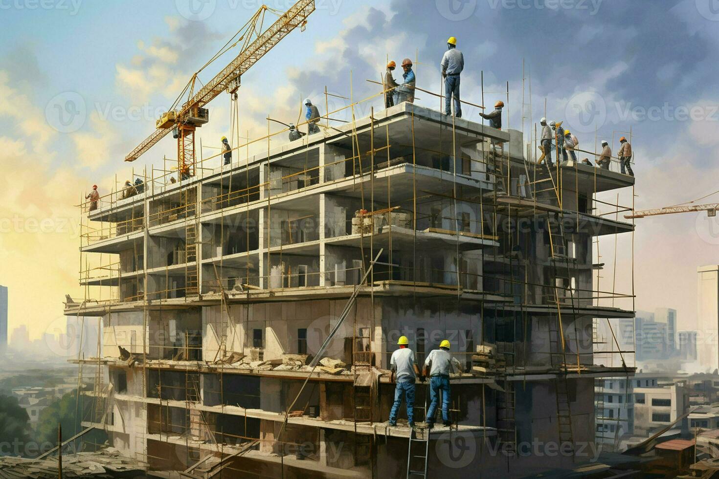 Construction site with scaffolding and workers. building concept. ai generated pro photo