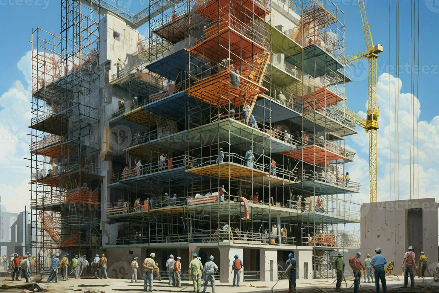 Construction site with scaffolding and workers. building concept. ai generated pro photo