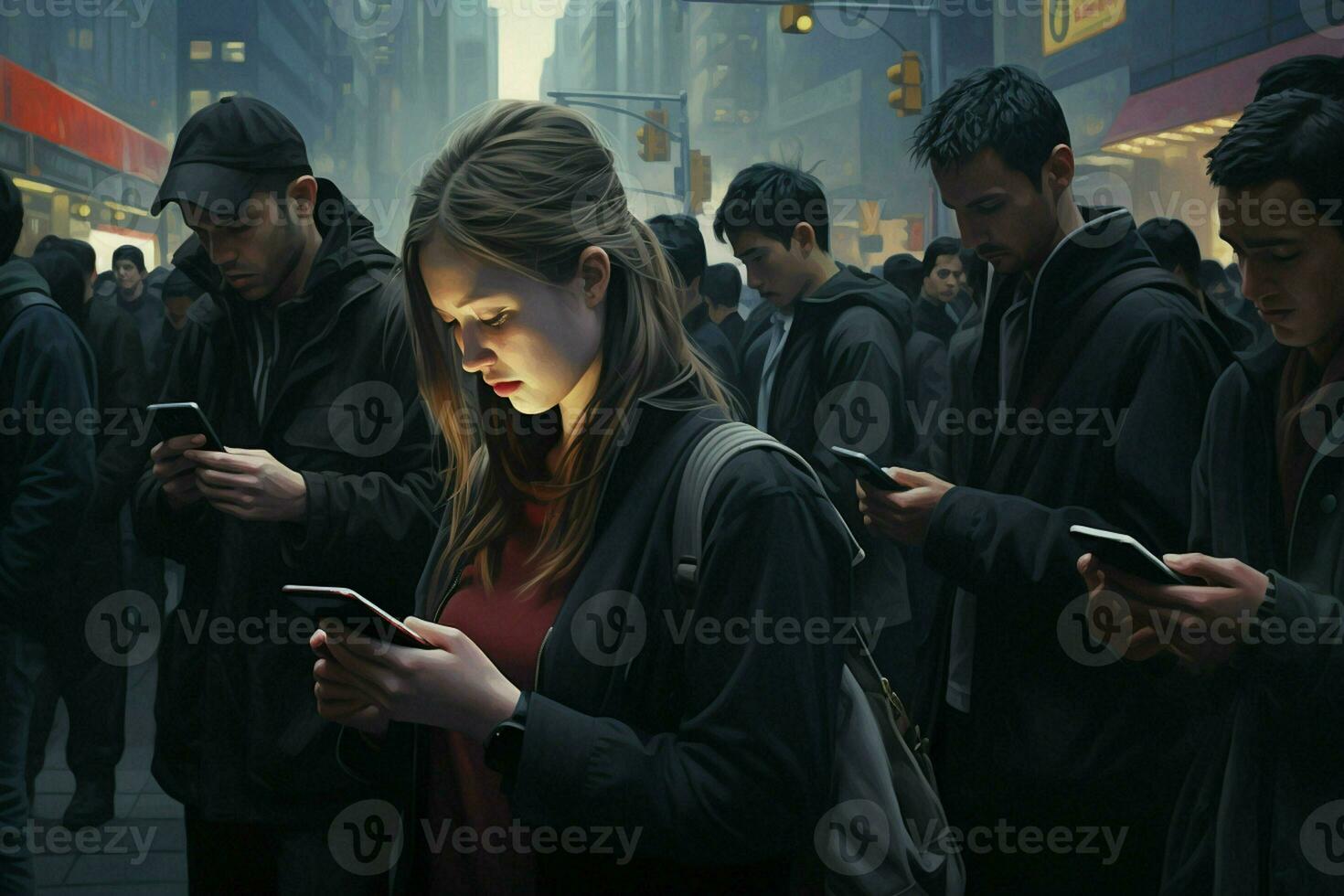 Group of young people using their smartphones in the street. Urban scene. ai generated pro photo