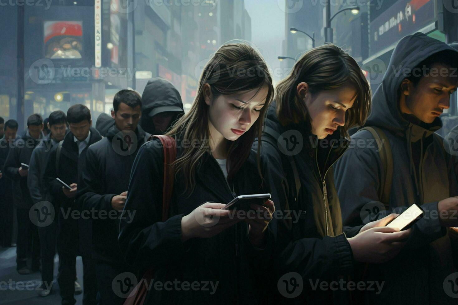 Group of young people using their smartphones in the street. Urban scene. ai generated pro photo