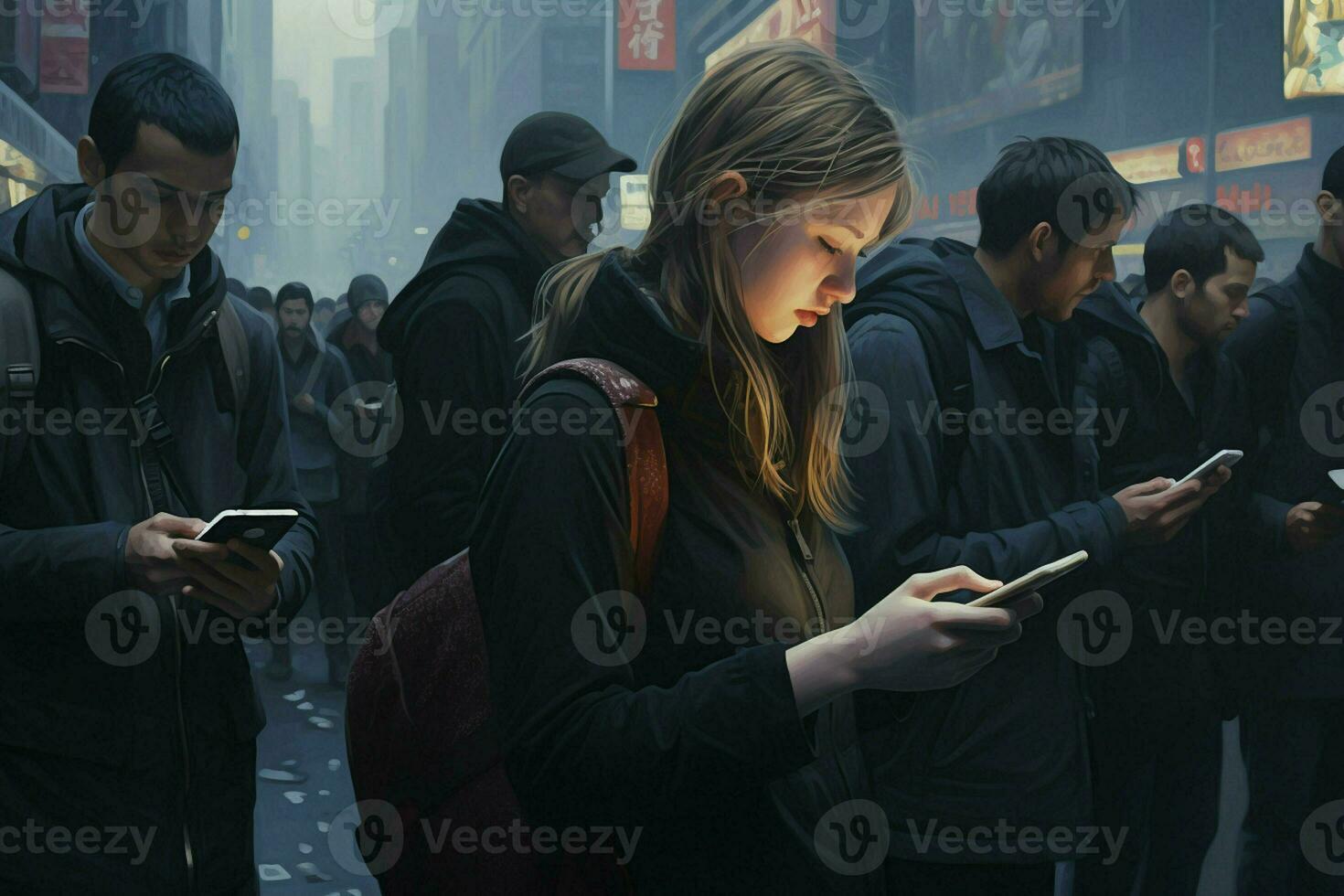 Group of young people using their smartphones in the street. Urban scene. ai generated pro photo