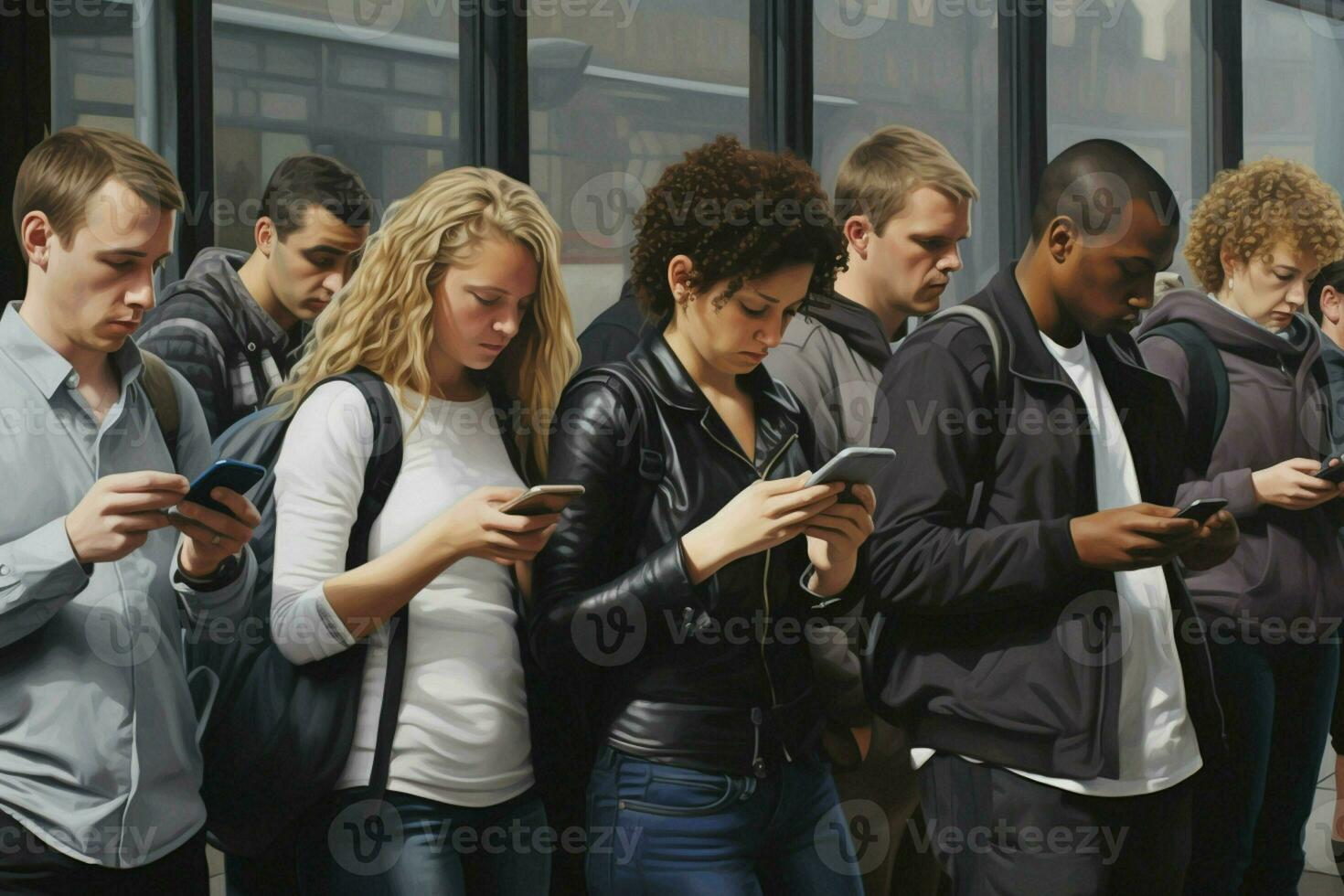 Group of young people using their smartphones in the street. Urban scene. ai generated pro photo