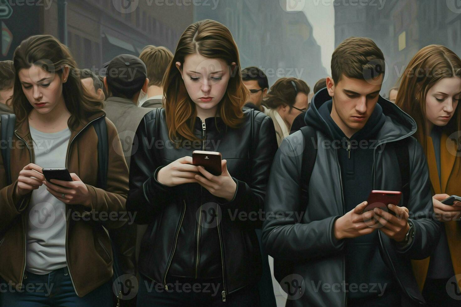 Group of young people using their smartphones in the street. Urban scene. ai generated pro photo