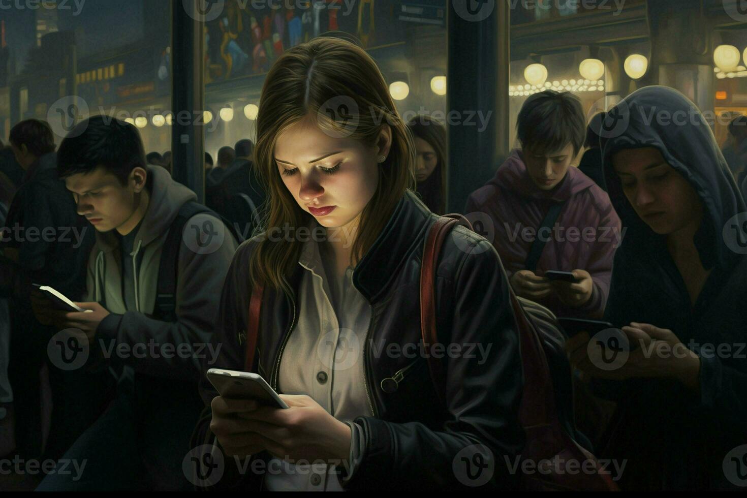 Group of young people using their smartphones in the street. Urban scene. ai generated pro photo