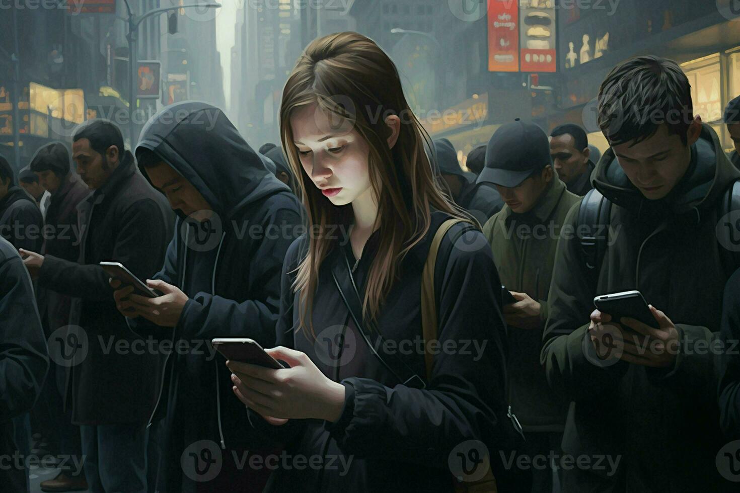 Group of young people using their smartphones in the street. Urban scene. ai generated pro photo