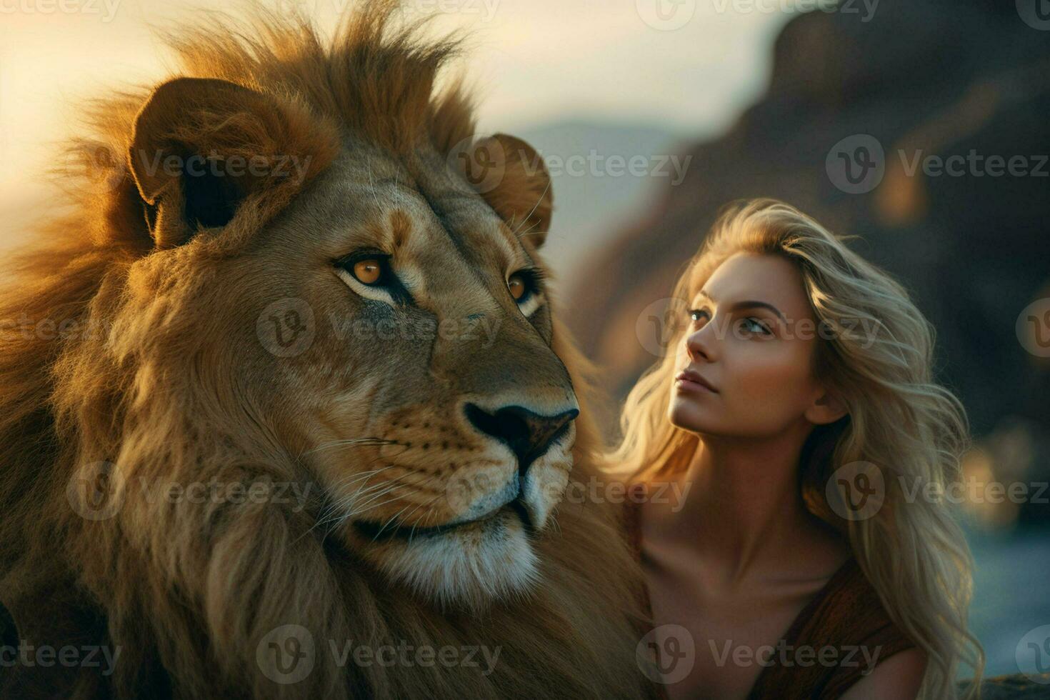 Lion and woman on the top of the mountain at sunset. ai generated pro photo